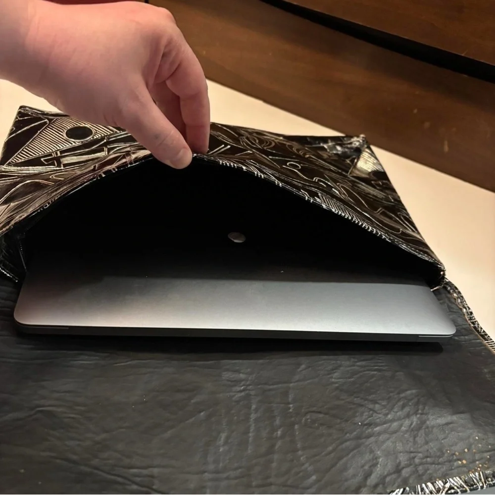 Geometric Faux Leather Laptop Sleeve Black Abstract Art Portfolio Clutch Case